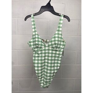 NWT Madewell Gingham Plunge Underwire Open Back One-Piece Swimsuit Green‎ XS